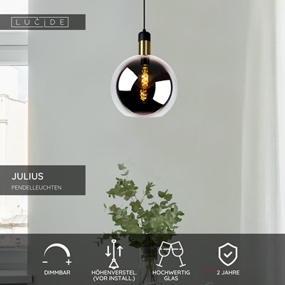 Lucide JULIUS - Pendelleuchten - Ø 28 cm - 1xE27 - Rauchfarbe Grau
